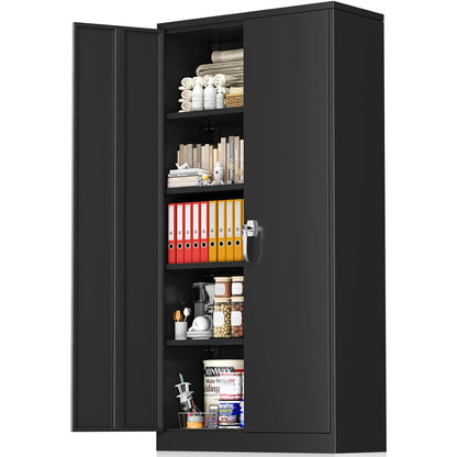 Greenvelly 71” Black Metal Garage Storage Cabinet with Doors and 4 Adjustable Shelves