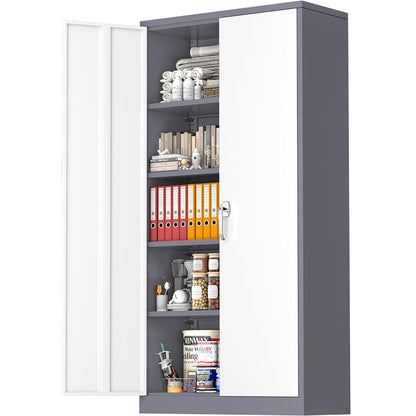 Greenvelly 71” Metal Garage Storage Cabinet with Doors and 4 Adjustable Shelves(Light Grey-Dark Gery)