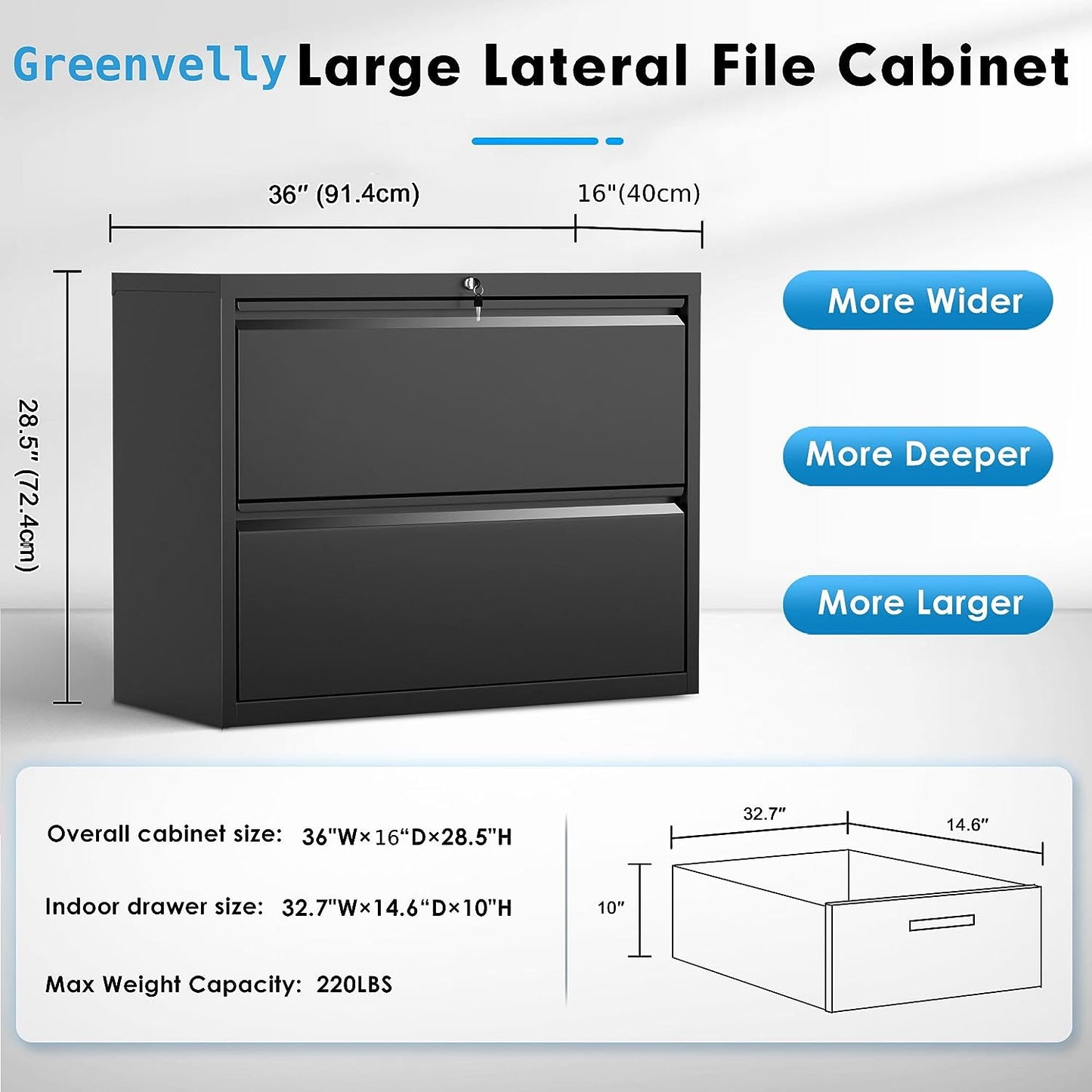 Greenvelly 2 Drawer Lateral File Cabinet 2 Drawer with Loc for Home Office and Legal/Letter/A4/F4 Size, Black