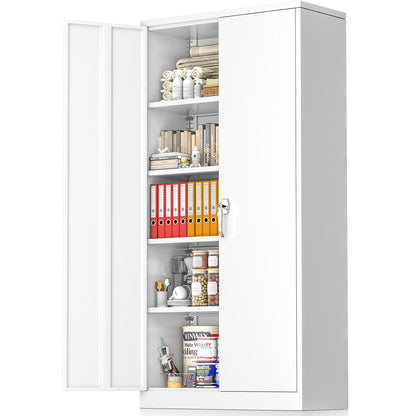 Greenvelly 71” White Metal Garage Storage Cabinet with Doors and 4 Adjustable Shelves